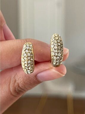 Authentic Vintage Dior Classic Rhinestone Pavé Gold Thin Hoop Clip-On Earrings